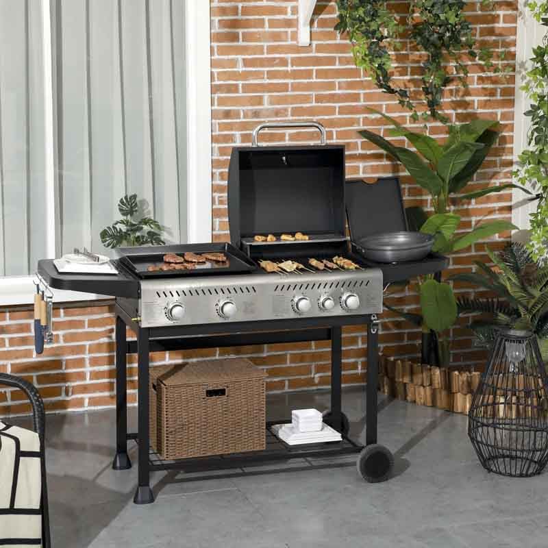 Outsunny 15kW Deluxe Duo Gas BBQ with Grill - B...