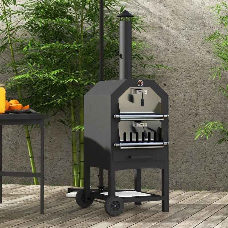 Outsunny 3 Tier Pizza Oven Charcoal BBQ Grill with Wheels Outdoor Cooker for Garden Pizza and Grilling