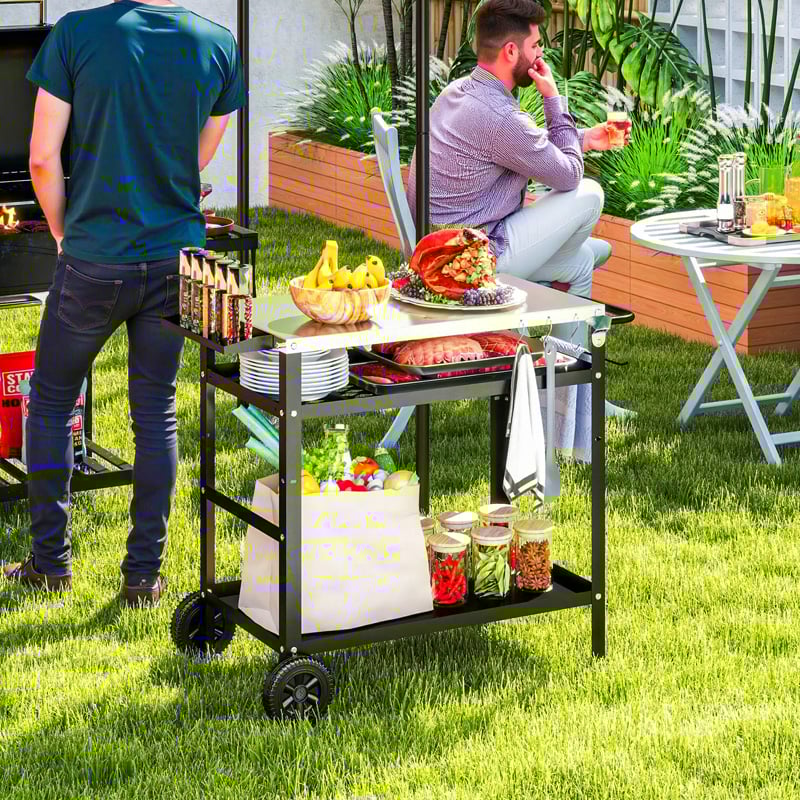 Outsunny BBQ Trolley with Hooks and Seasoning Tray Outdoor Charcoal Grill for Garden Patio Cooking