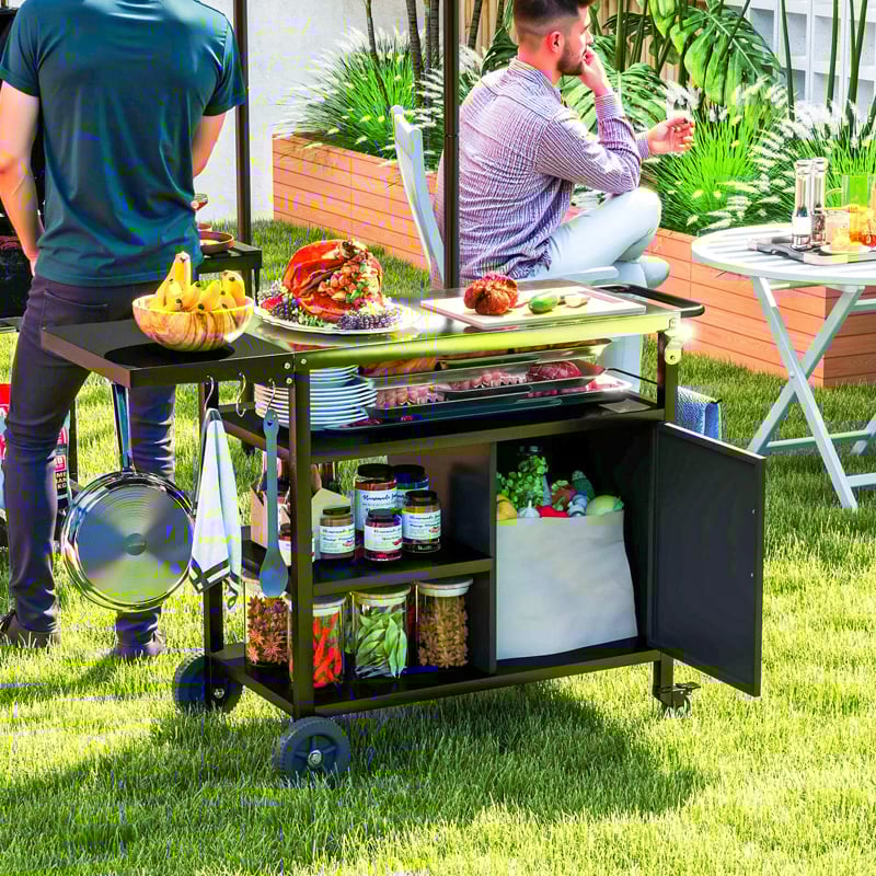 Outsunny BBQ Trolley with Foldable Side Table Outdoor Charcoal Grill Cart for Garden Patio Cooking