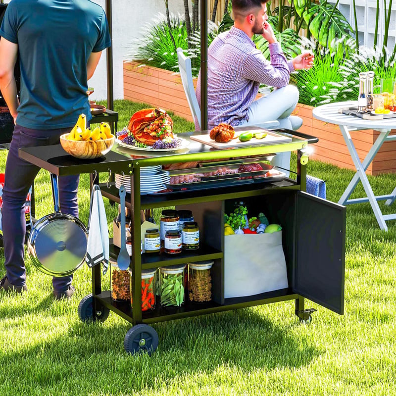 Outsunny BBQ Trolley With Foldable Side Table, ...