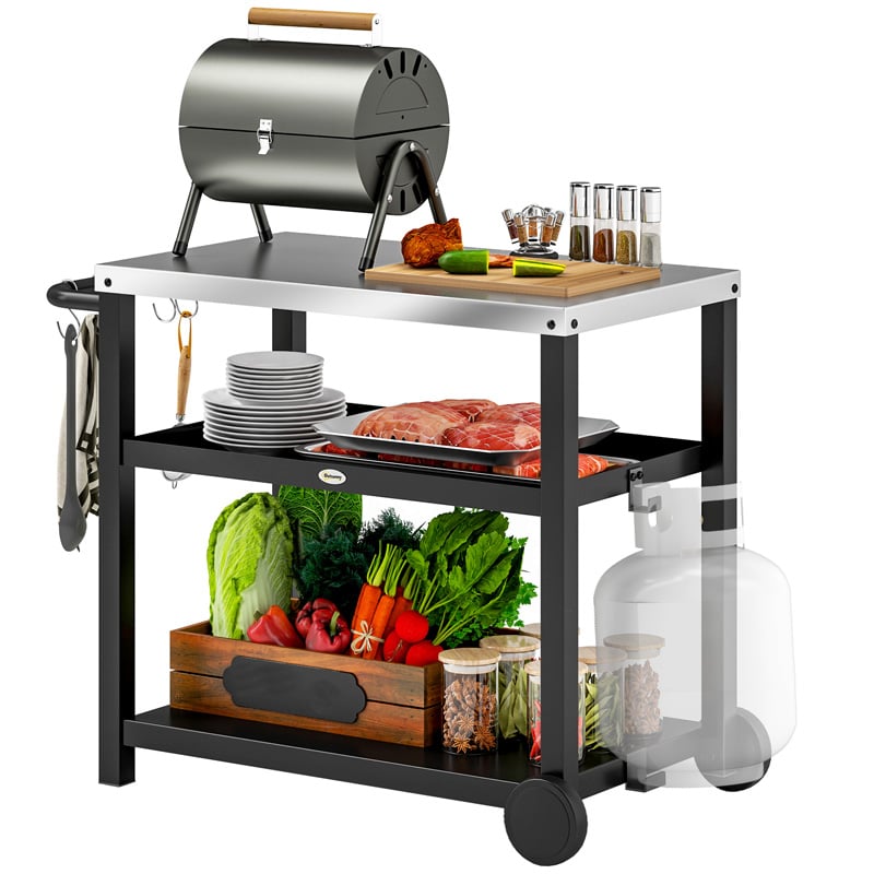 Outsunny BBQ Trolley with Hooks Charcoal Grey Outdoor Grill Cart for Garden Patio Cooking and Storage