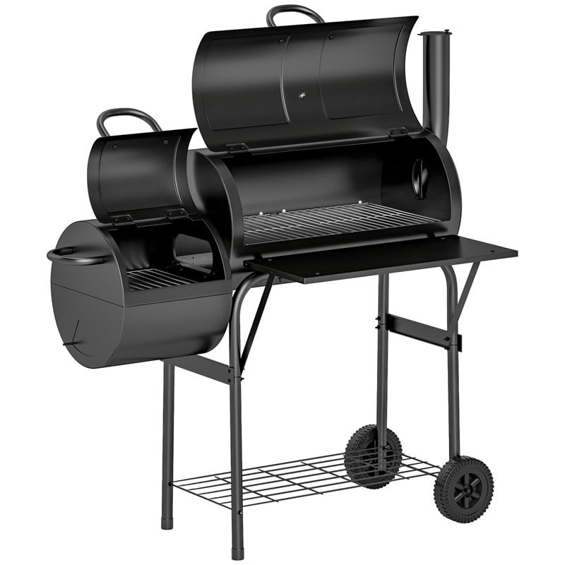 Outsunny Charcoal BBQ Grill with Offset Smoker Outdoor Barbecue for Garden Patio Cooking and Smoking