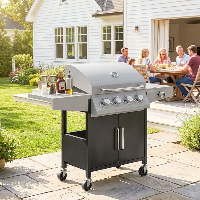 Outsunny 4+1 Burner Gas BBQ Grill Silver with Side Burner Outdoor Barbecue for Garden Patio Cooking