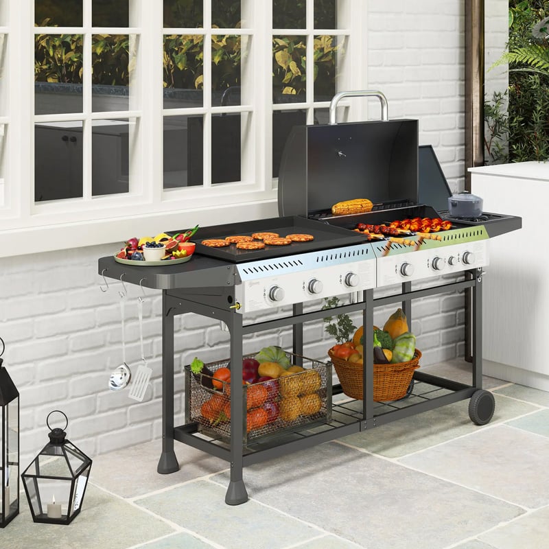 Outsunny Deluxe Duo Gas BBQ with Plancha and Side Burner Outdoor Grill Cart for Garden Patio Cooking