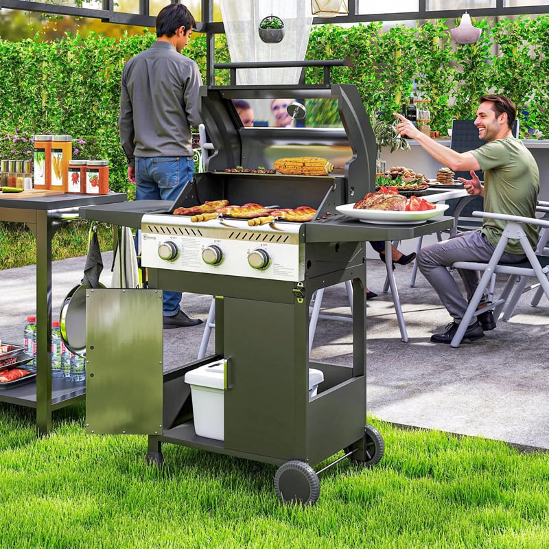 Outsunny 3 Burner Gas BBQ Black 846-140V71BK Outdoor Barbecue Grill Trolley for Garden Patio Cooking
