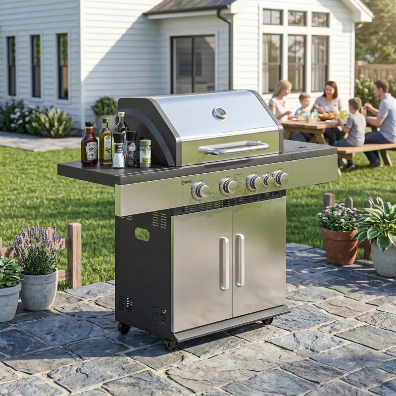 Outsunny 4+1 Burner Gas BBQ Grill Silver Outdoor Barbecue with Side Burner and Shelves for Garden Patio