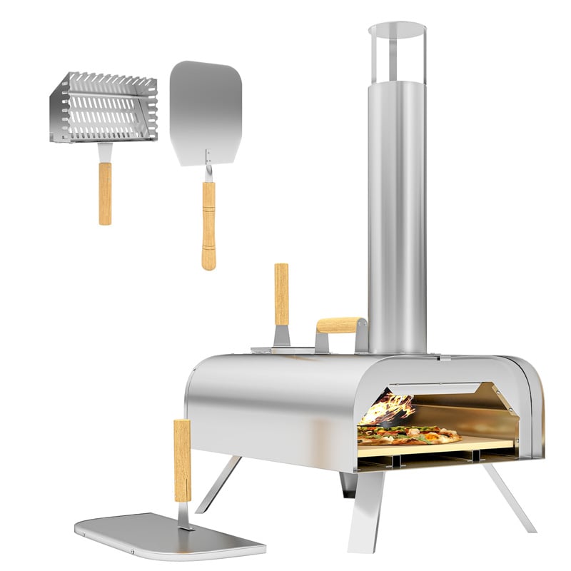 Outsunny Portable Wood Pellet Pizza Oven Silver Outdoor Pizza Cooker for Garden Patio and Camping