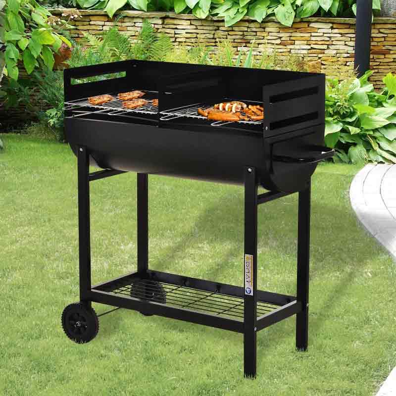 Outsunny Steel 2 Grill Charcoal BBQ with Two Wheels Outdoor Barbecue Trolley for Garden Patio Cooking
