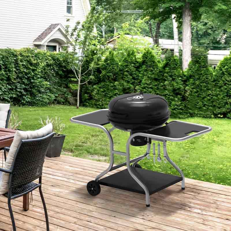 Outsunny Kettle Charcoal BBQ Trolley with Two Wheels Outdoor Grill for Garden Patio Cooking and Parties
