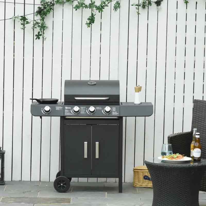 Outsunny 3+1 Deluxe Gas BBQ Grill With Two Whee...