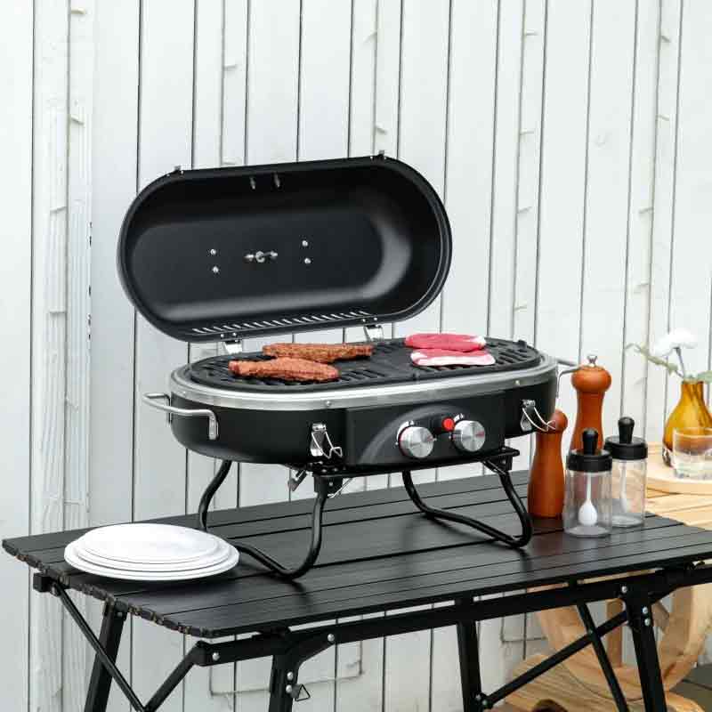 Outsunny Foldable Gas BBQ Grill with Two Burners Outdoor Barbecue Trolley for Garden Patio and Camping