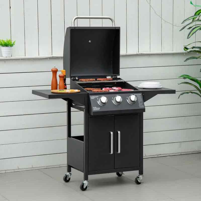Outsunny Gas BBQ Grill Trolley with Three Burners Outdoor Barbecue Cart for Garden Patio Cooking