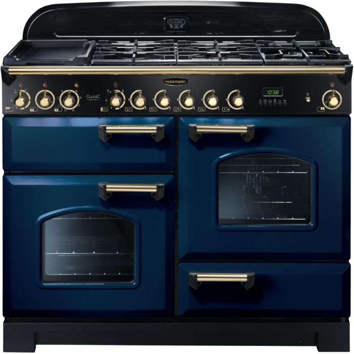 Rangemaster Classic Deluxe CDL110DFFRB/B 110cm wide Dual Fuel Range Cooker with Gas Hob - Regal Blue / Brass