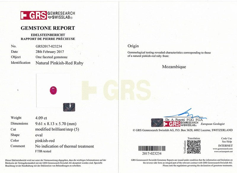 GRS Certified MOZAMBIQUE Ruby 4.09 Cts Natural Untreated Oval