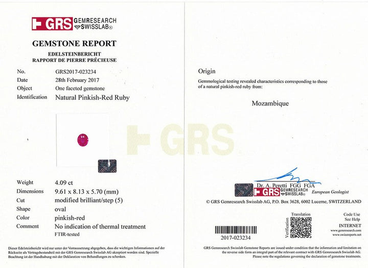 GRS Certified MOZAMBIQUE Ruby 4.09 Cts Natural Untreated Oval