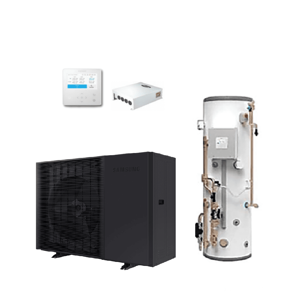 Samsung Air Conditioning Samsung EHS AE050CXYDEK/EU ACL-150PSW Slim Pre-Plumbed DHW Cylinder 150L 30L Buffer 5Kw R290 1Ph