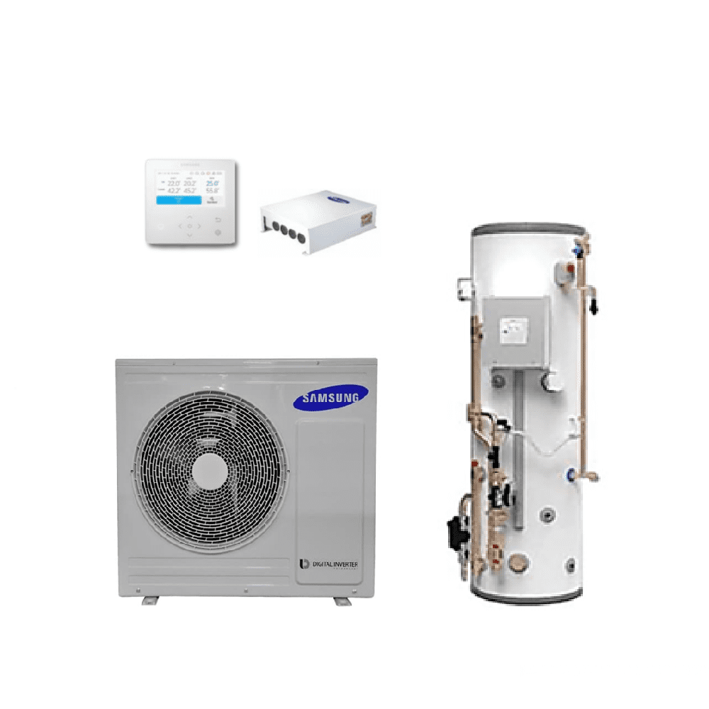 Samsung Air Conditioning Samsung EHS AE080RXYDEG/EU ACL-150PSW Slim Line Pre-Plumbed DHW Cylinder 150L 30L Buffer 8Kw 1Ph