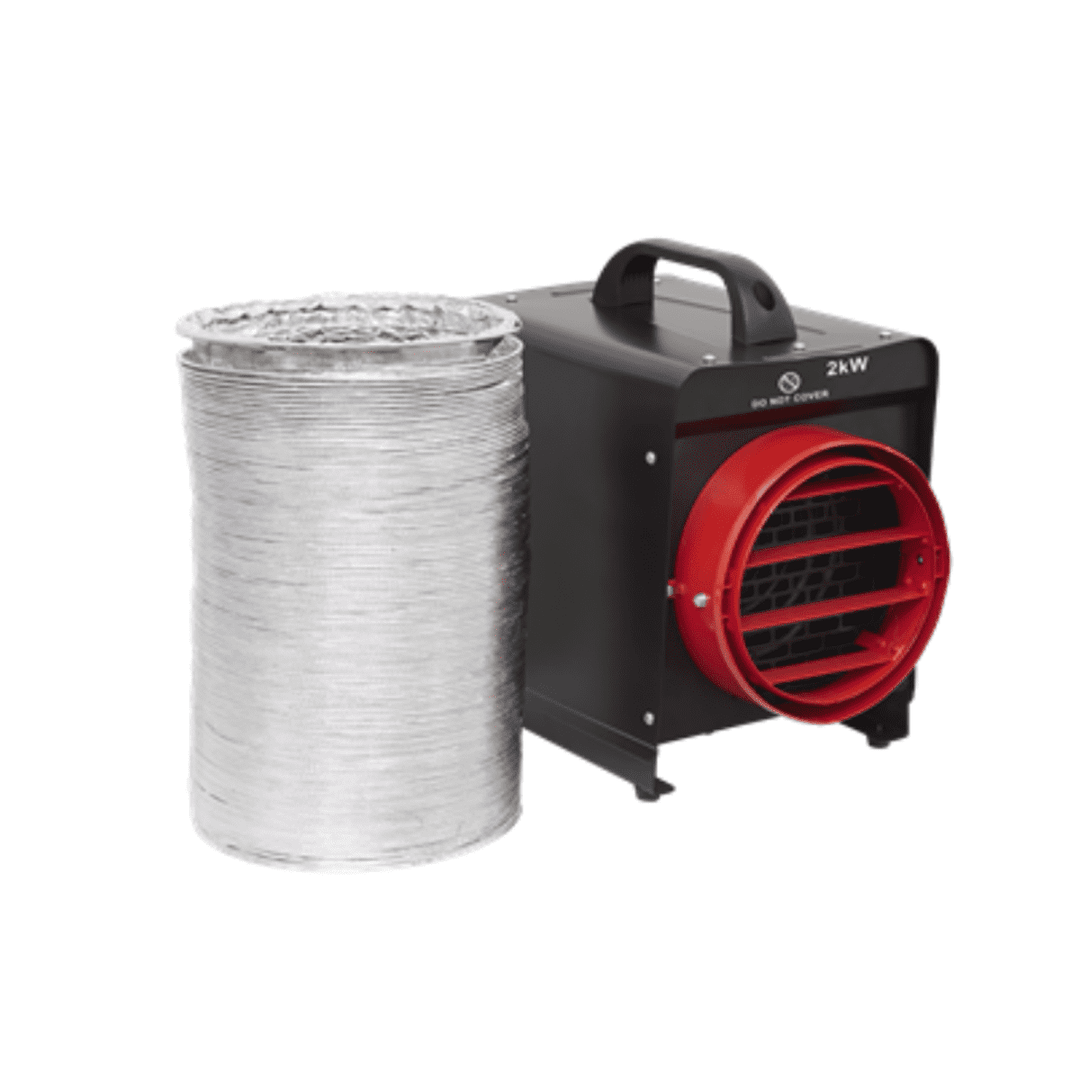 Sealey DEH2001 Industrial Electric Fan Heater 6m ducting 13A 3 Pin G plug 2kW/7000Btu 220V~50Hz