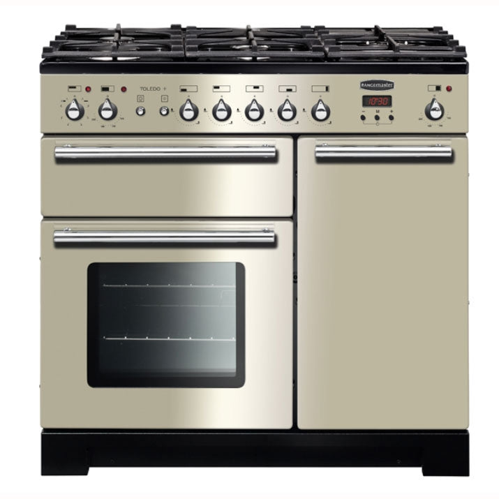 Rangemaster Toledo + TOLP90DFFIV/C 90cm wide Dual Fuel Range Cooker with Gas Hob - Ivory / Chrome