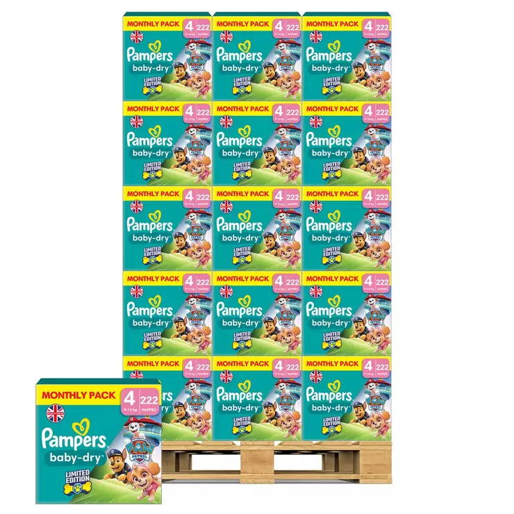 Pampers Paw Patrol Baby Dry Nappies Size 4, 32 x 222 Pack  Pallet Deal