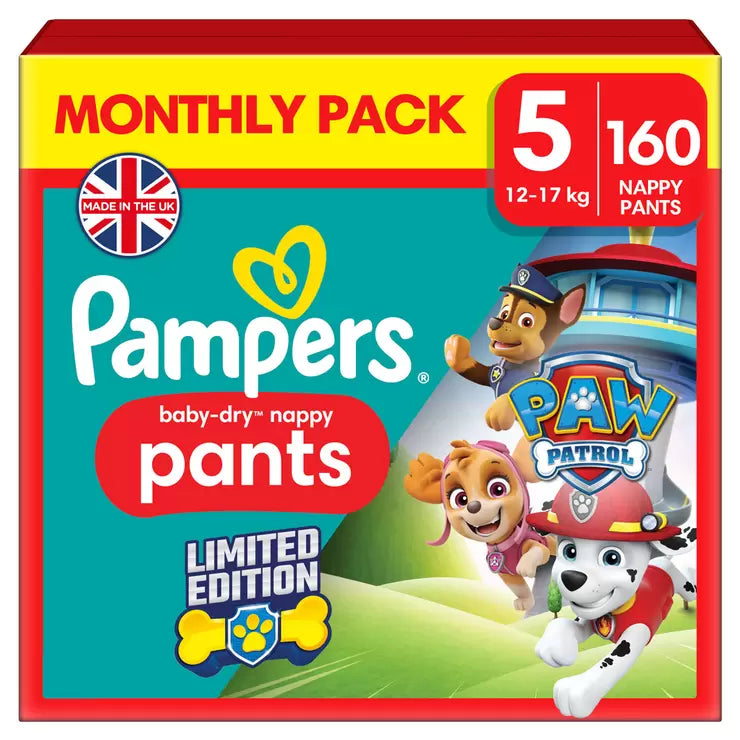Pampers Paw Patrol Baby Dry Nappy Pants Size 5, 32 x 160 Pack  Pallet Deal