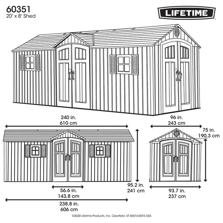 Lifetime 20ft x 8ft (6 x 2.4m) Rough Cut Dual Entry Outdoor Storage Shed - Model 60351
