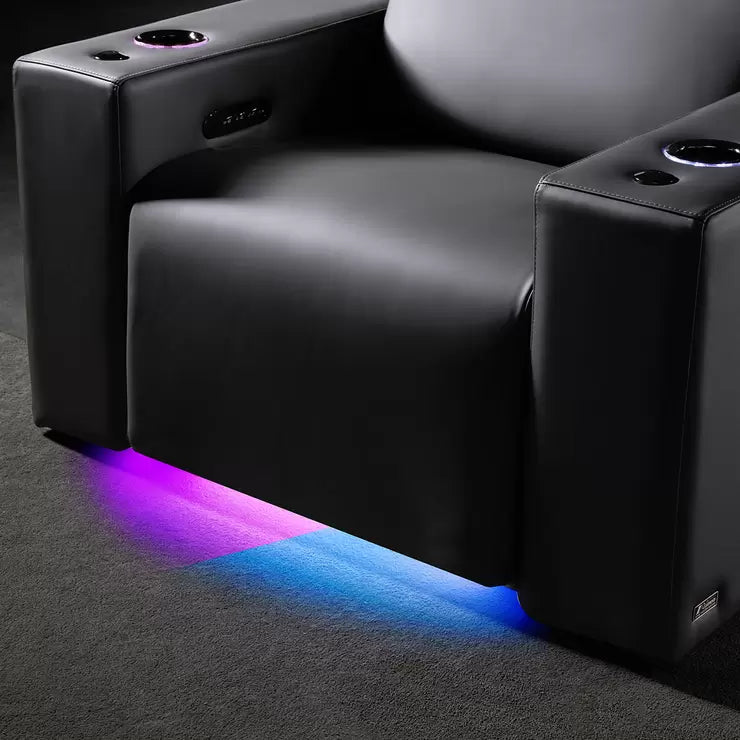 Valencia Barcelona Row of 4 Black Leather Reclining Home Theatre Seating with RGB LED