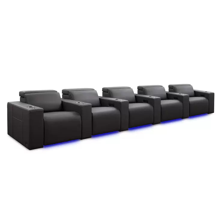 Valencia Barcelona Row of 5 Black Leather Reclining Home Theatre Seating with RGB LED