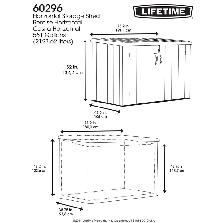 Lifetime 6ft 3" x 3ft 6" (1.9 x 1.1m) Horizontal 2,124 Litre Storage Shed - Model 60296U