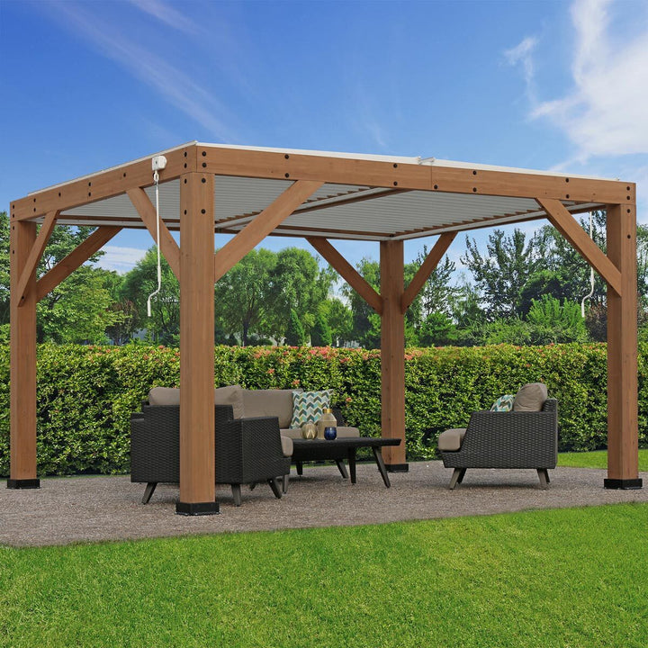 Yardistry 11ft x 13ft (3.4 x 4m) Wooden Louvered Pergola with Aluminium Roof