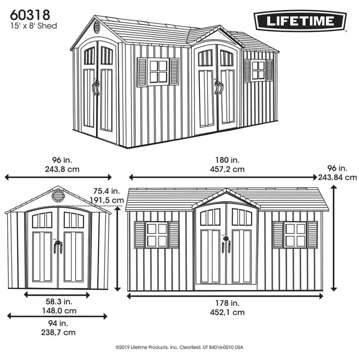 Lifetime 15ft x 8ft (4.6 x 2.4m) Dual Entry Storage Shed - Model 60318
