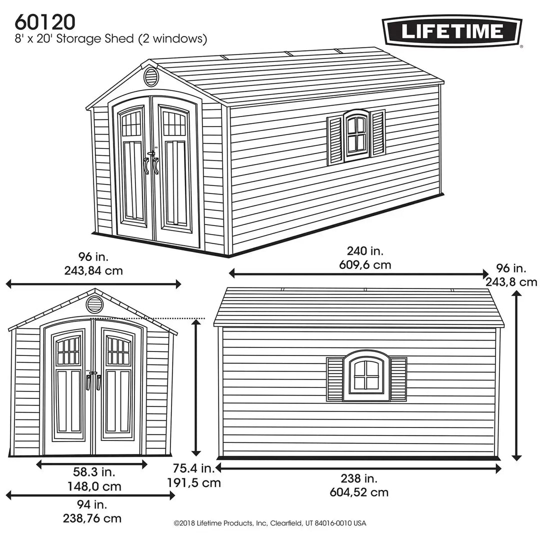 Lifetime 8ft x 20ft (2.4 x 6.1m) Storage Shed - Model 60120 - Made from High-Density Polyethylene (HDPE)